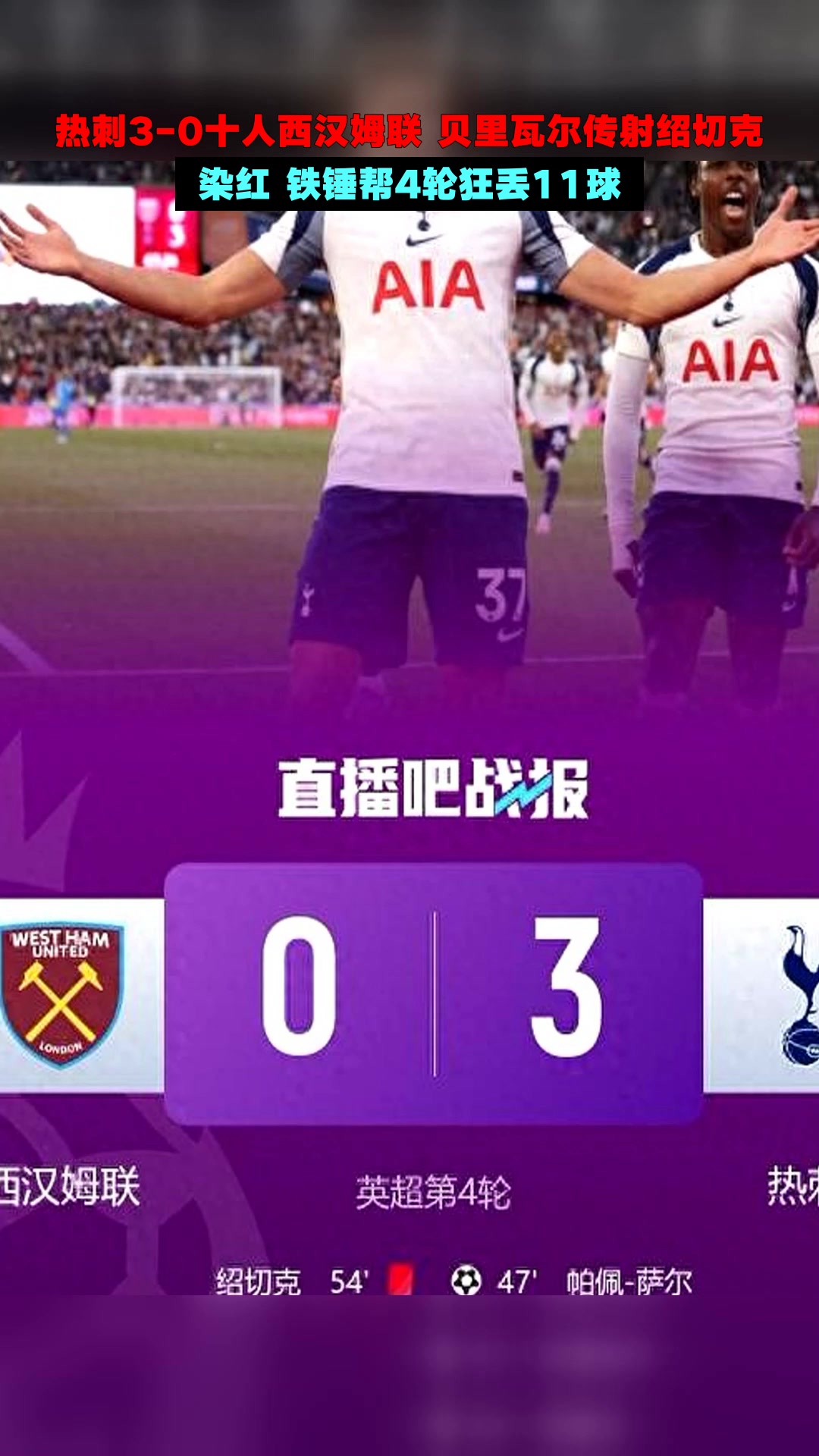 热刺客场击败西汉姆联，继续保持前四位置